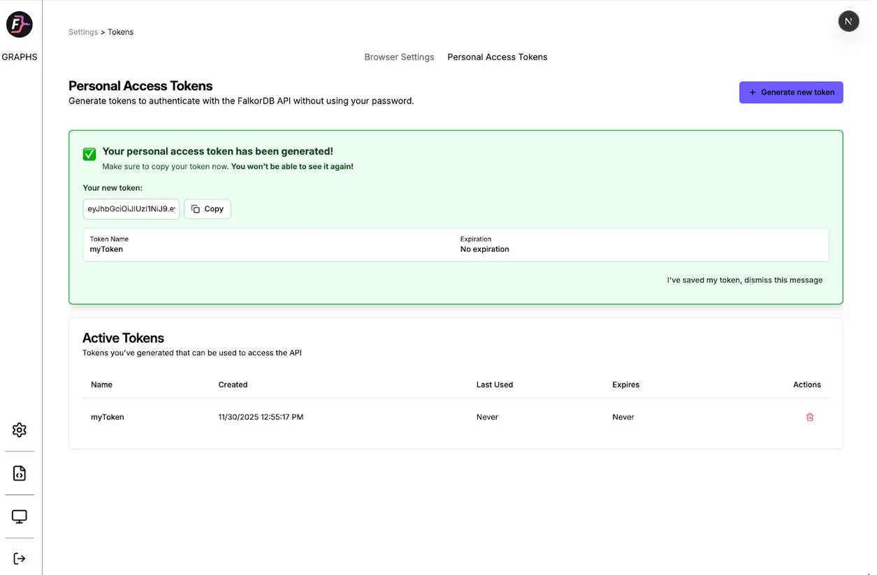 FalkorDB complete token management api FalkorDB Browser2 FalkorDB