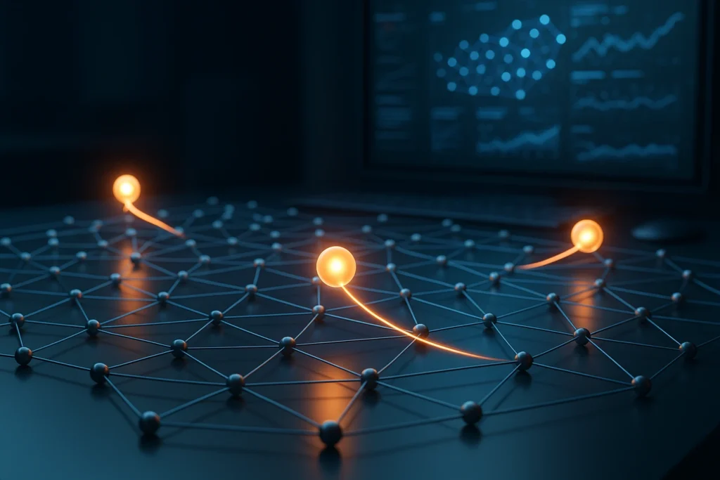 Futuristic digital workspace with interconnected nodes of a graph database.