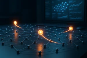 Futuristic digital workspace with interconnected nodes of a graph database.