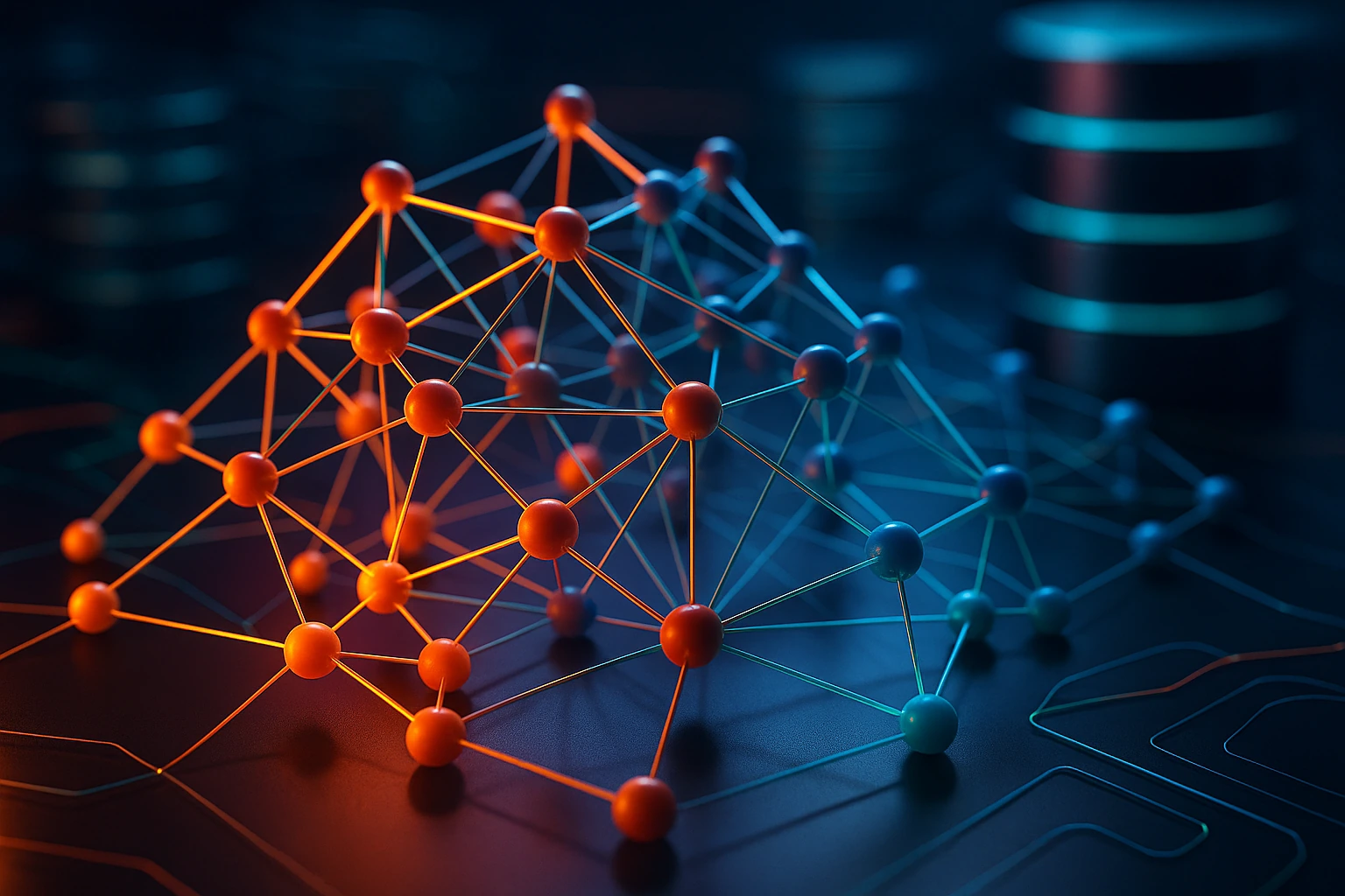 talkgenai 19100 FalkorDB Intricate 3D graph structure representing Cypher Query Language concepts