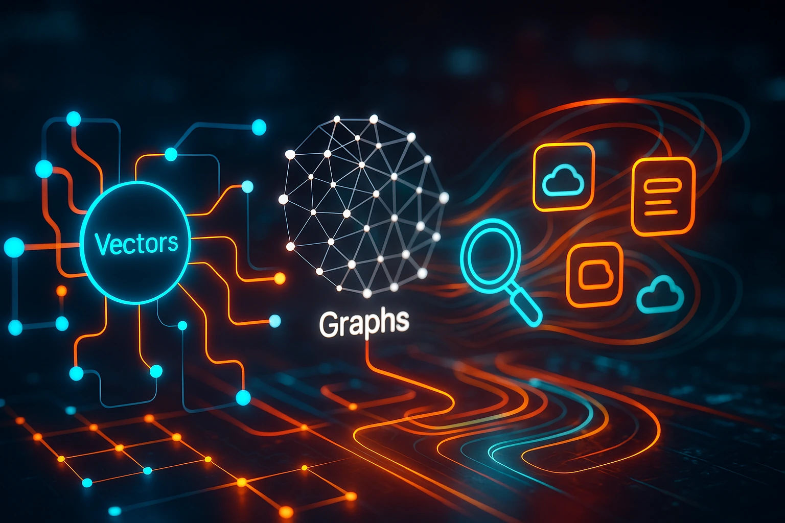 talkgenai 19123 FalkorDB Abstract visualization of hybrid search architecture combining vectors, graphs, and keywords.