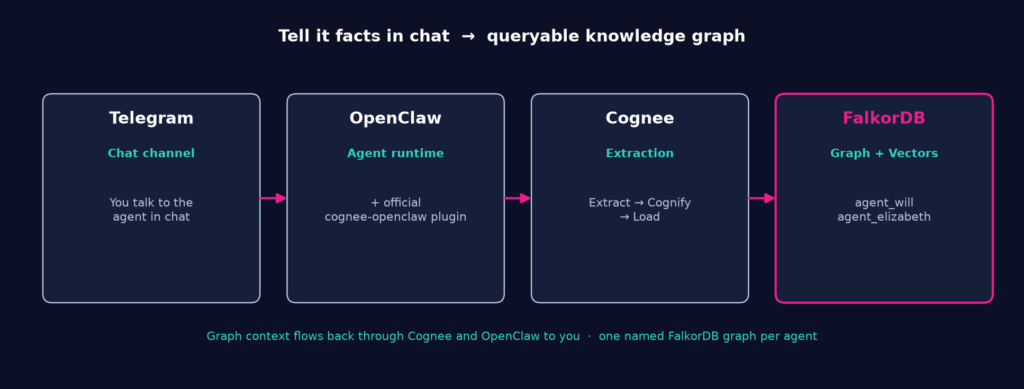 The stack: chat to OpenClaw to Cognee to FalkorDB