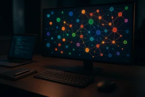 Futuristic digital workspace with interconnected nodes and relationships