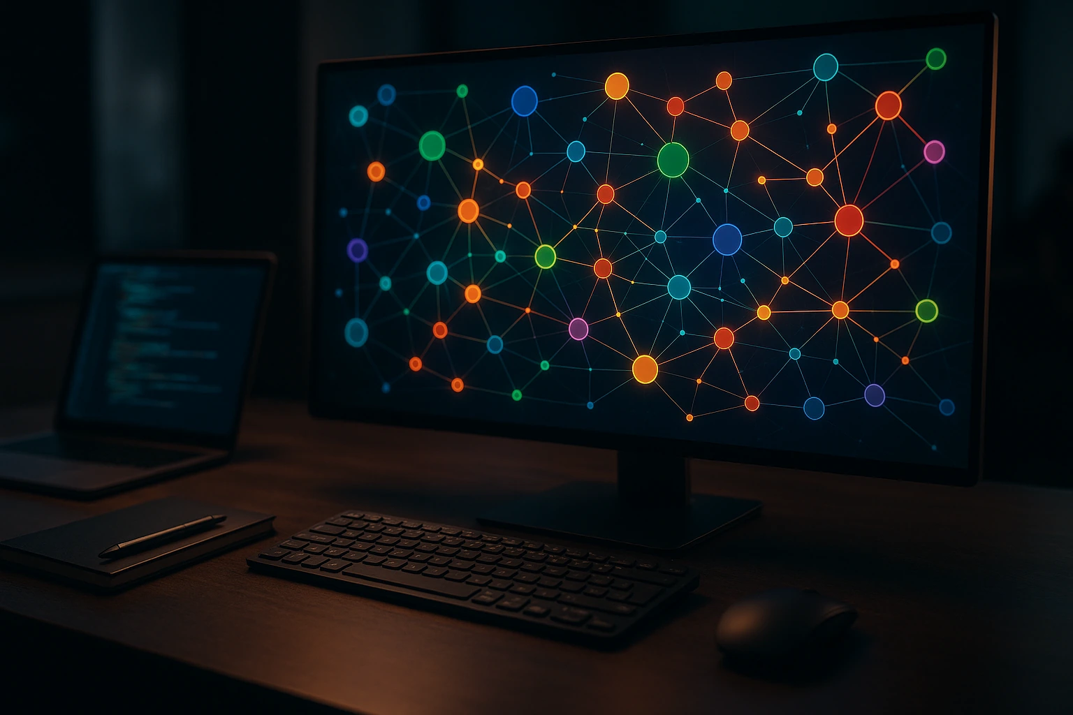 talkgenai 19174 FalkorDB Futuristic digital workspace with interconnected nodes and relationships