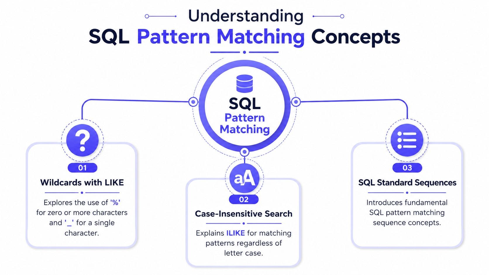 pattern matching in sql infographic FalkorDB An infographic titled Understanding SQL Pattern Matching Concepts explaining LIKE, ILIKE, and standard sequences in databases.