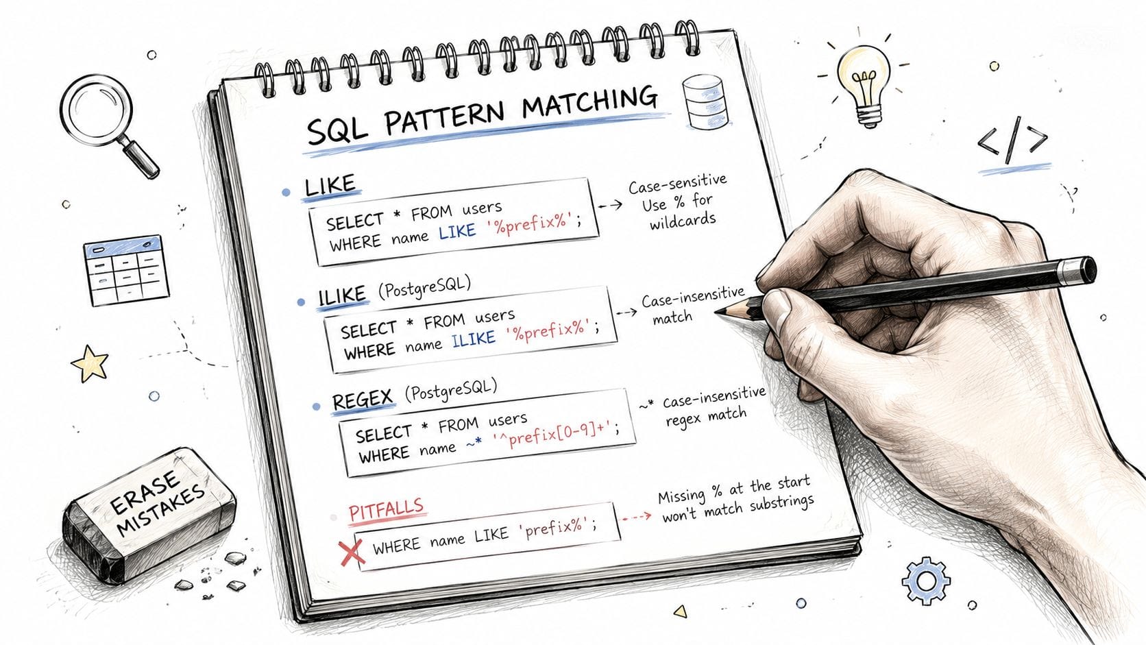 pattern matching in sql notes sketch FalkorDB A hand holding a pencil sketching notes about SQL pattern matching, LIKE, ILIKE, and regex operators.