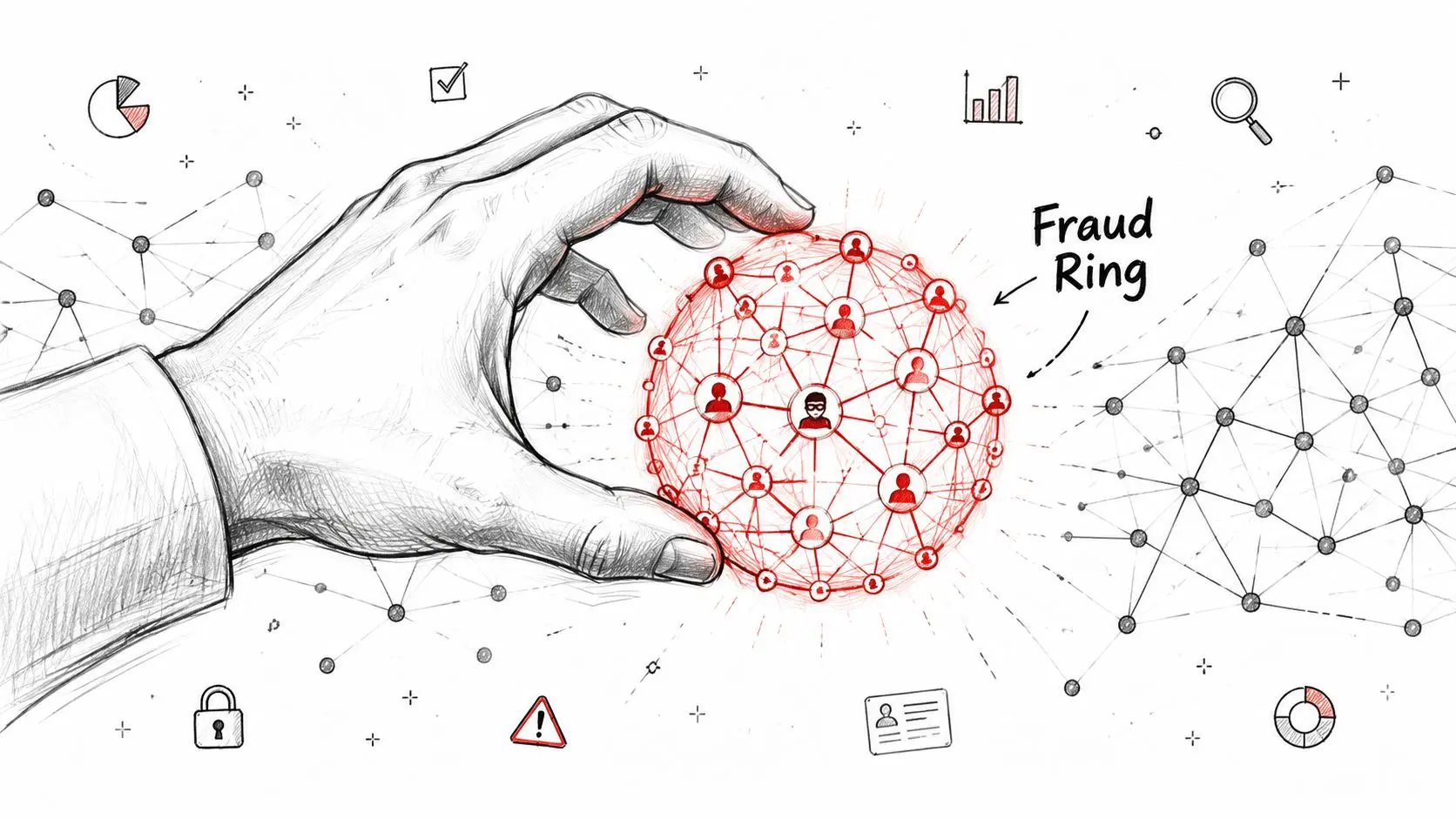 payment fraud prevention fraud ring FalkorDB A hand clutching a red sphere of connected users representing a criminal fraud ring network.
