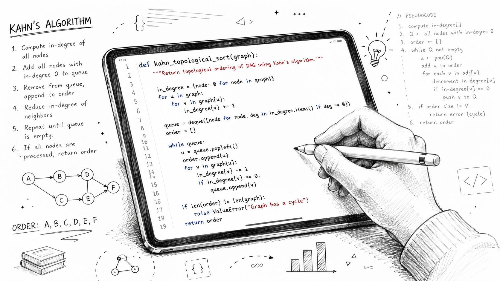 topological sort algorithm kahn algorithm FalkorDB A hand using a digital pen on a tablet to write Python code for Kahn's topological sort algorithm.