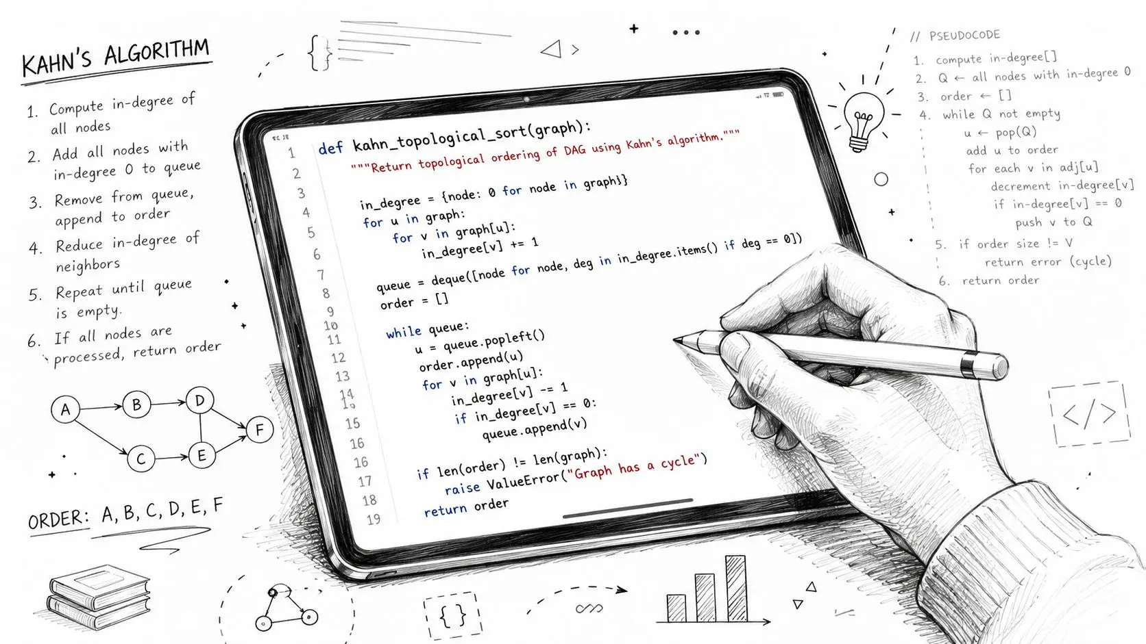topological sort algorithm kahn algorithm FalkorDB A hand using a digital pen on a tablet to write Python code for Kahn's topological sort algorithm.