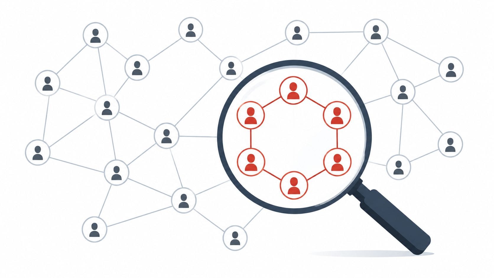 network analysis applications social network FalkorDB A magnifying glass focusing on a group of six connected red icons within a larger social network.