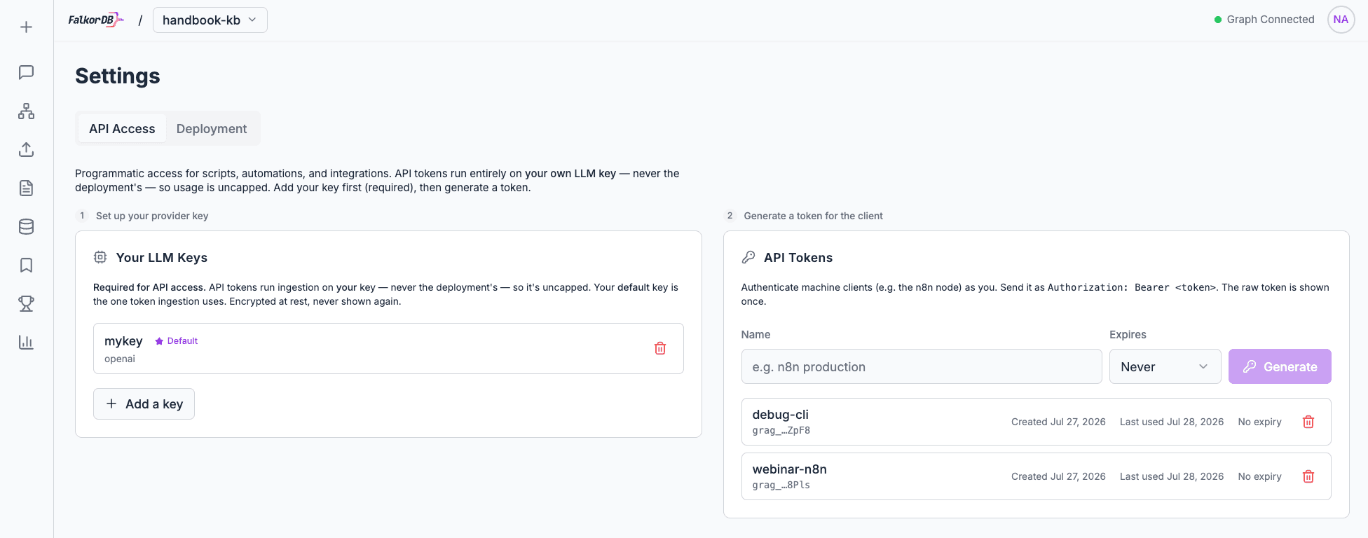 GraphRAG Settings, API Access tab: an LLM key profile named mykey (provider openai, marked Default) on the left, and two generated API tokens with creation and last-used dates on the right