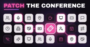Conference knowledge graph: conference icon tiles linked by a glowing pink graph path to a highlighted bandage tile