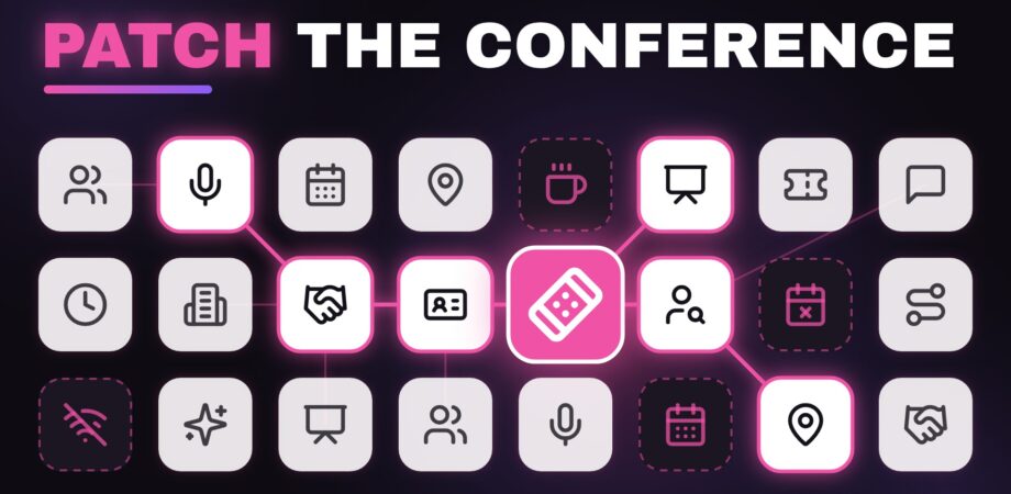 Conference knowledge graph: conference icon tiles linked by a glowing pink graph path to a highlighted bandage tile