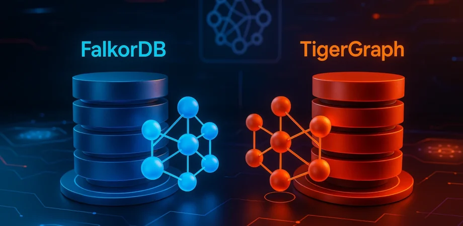 3D models of FalkorDB and TigerGraph architectures with AI motifs.