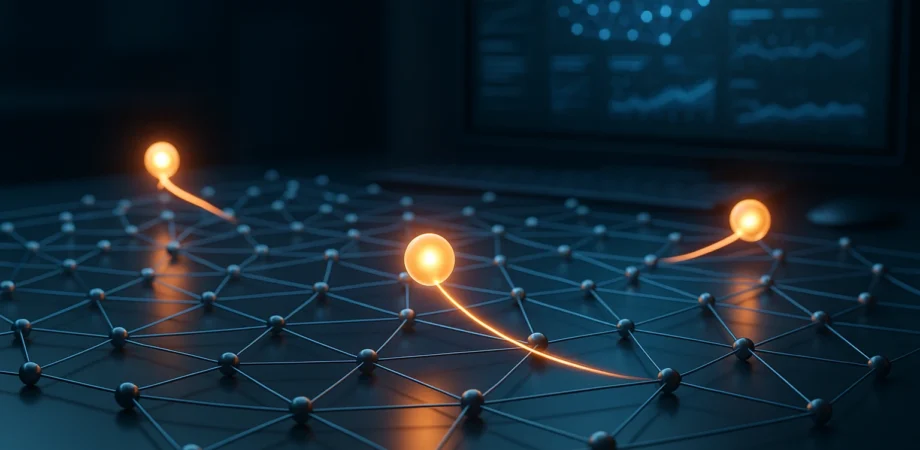 Futuristic digital workspace with interconnected nodes of a graph database.