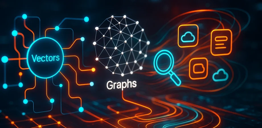 Abstract visualization of hybrid search architecture combining vectors, graphs, and keywords.