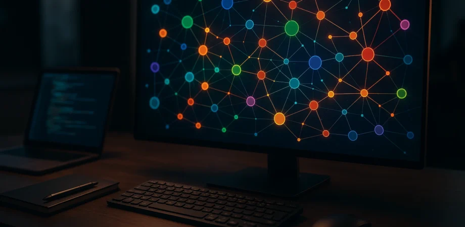 Futuristic digital workspace with interconnected nodes and relationships